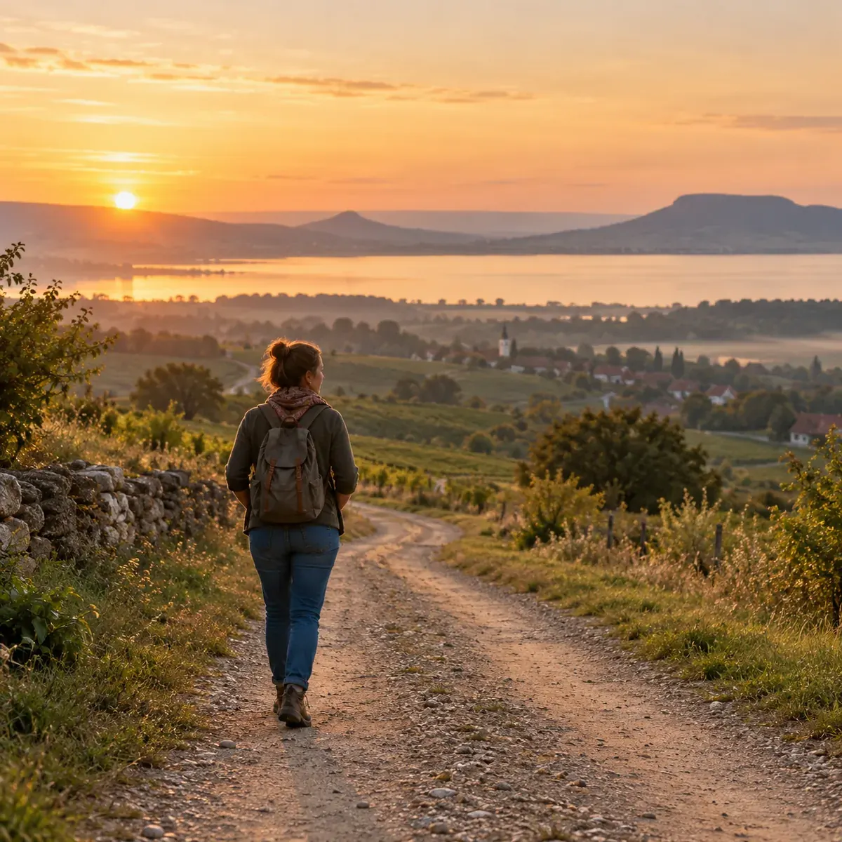 Középkorú nő sétál a Balaton-felvidéki dombok között kanyargó földúton napkeltekor.