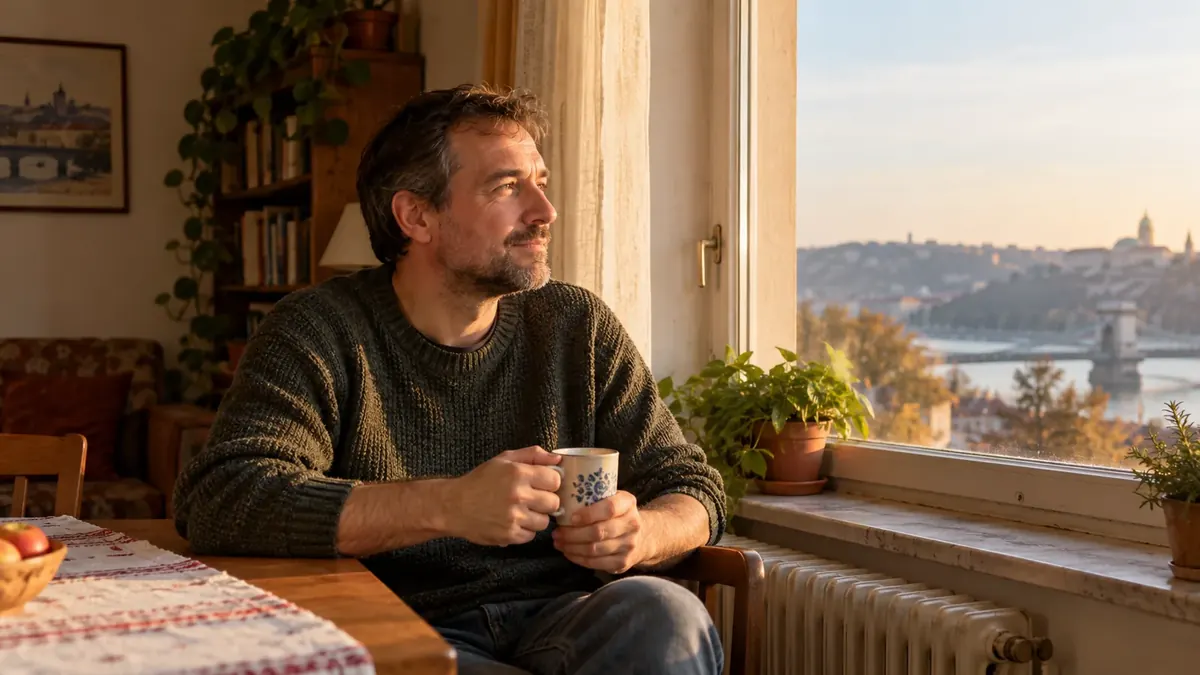 Középkorú férfi bögrével a kezében elgondolkodva néz ki lakása ablakán.