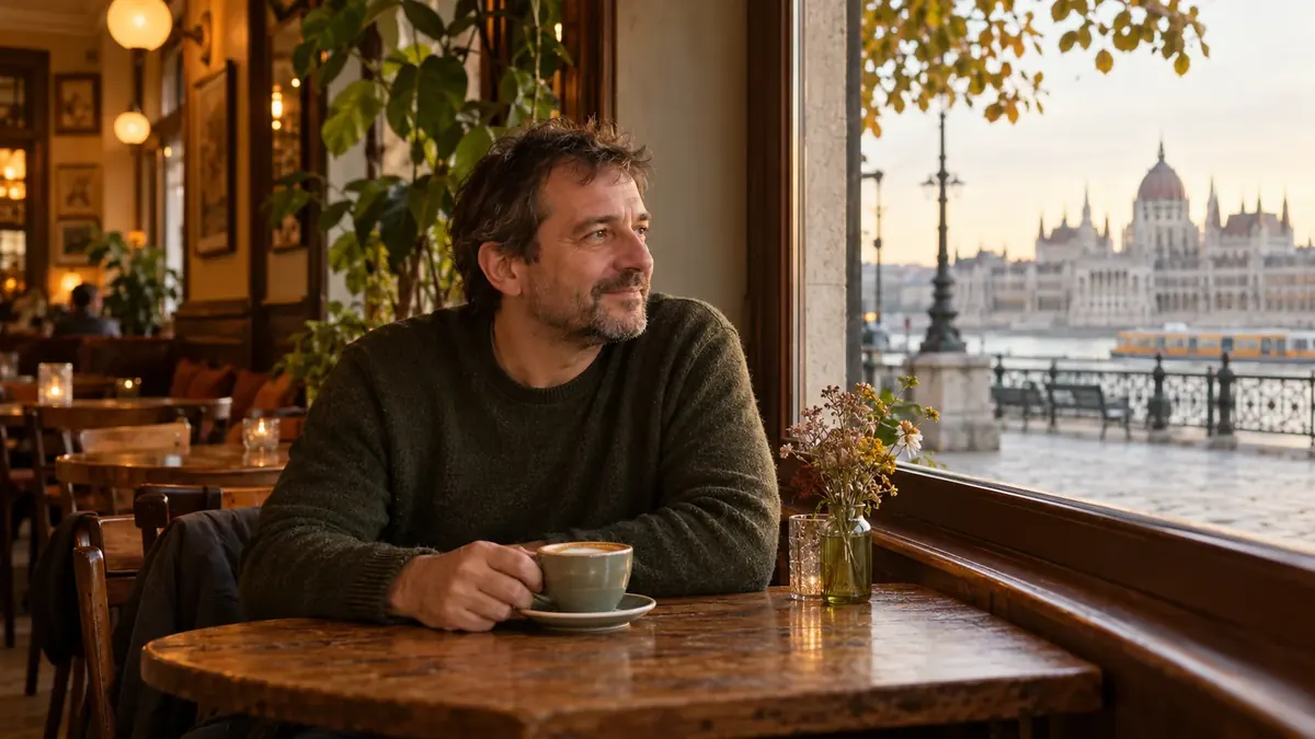 Középkorú férfi kávézik egy budapesti kávézó ablakánál, a Dunára nézve.